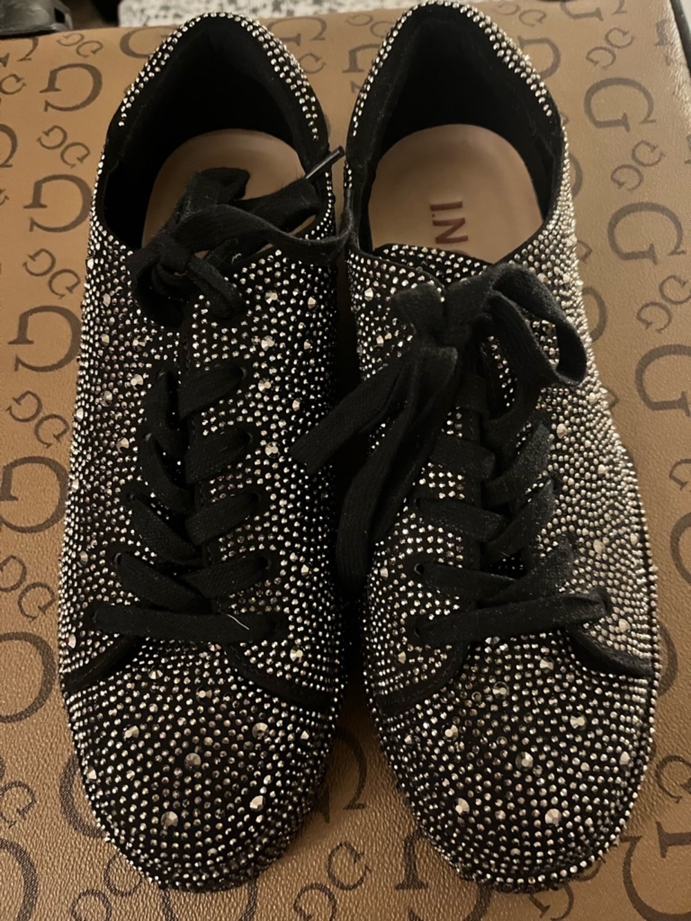 INC International Concepts Black Crystal-Embellished Lace-Up Sneakers